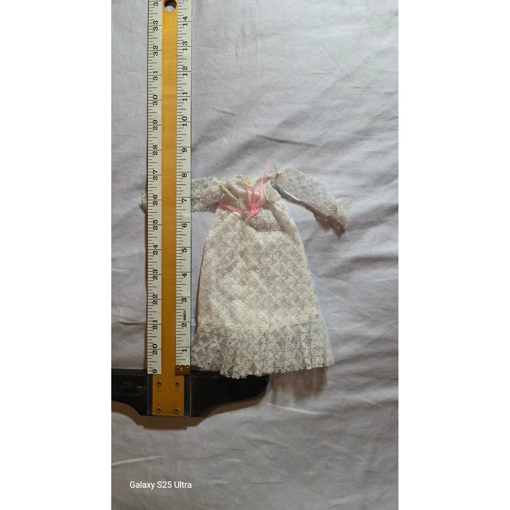 Vintage White Lace Doll Nightgown Dress Silver Metallic Pink Ribbon 7.5 Inch